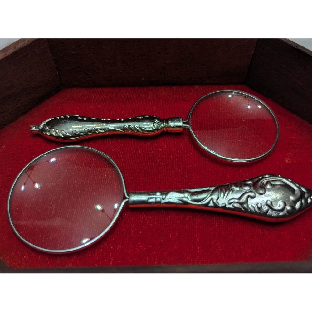 Vintage Ornate Magnifying Glass Pair Decorative Silver Tone Desk Accessories